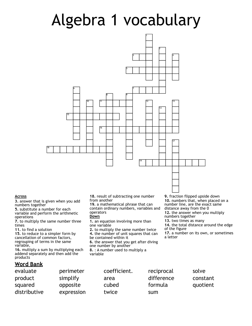 Algebra 1 vocabulary  Crossword