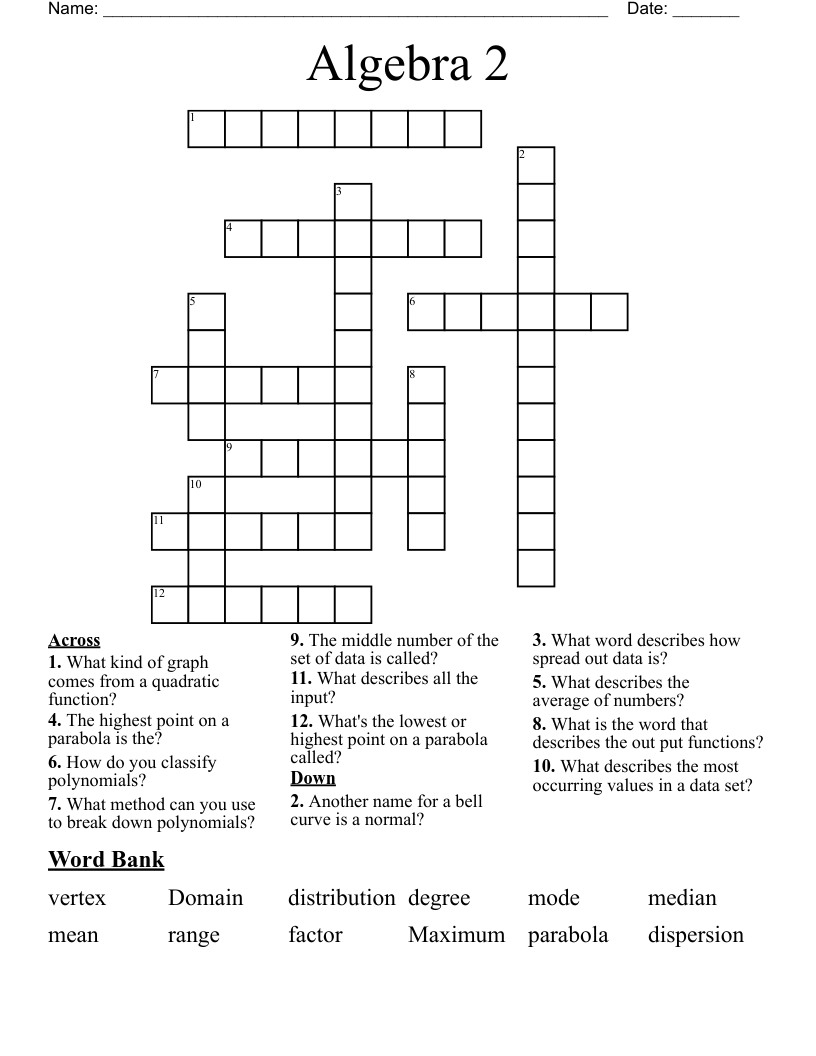 Algebra 2 Crossword