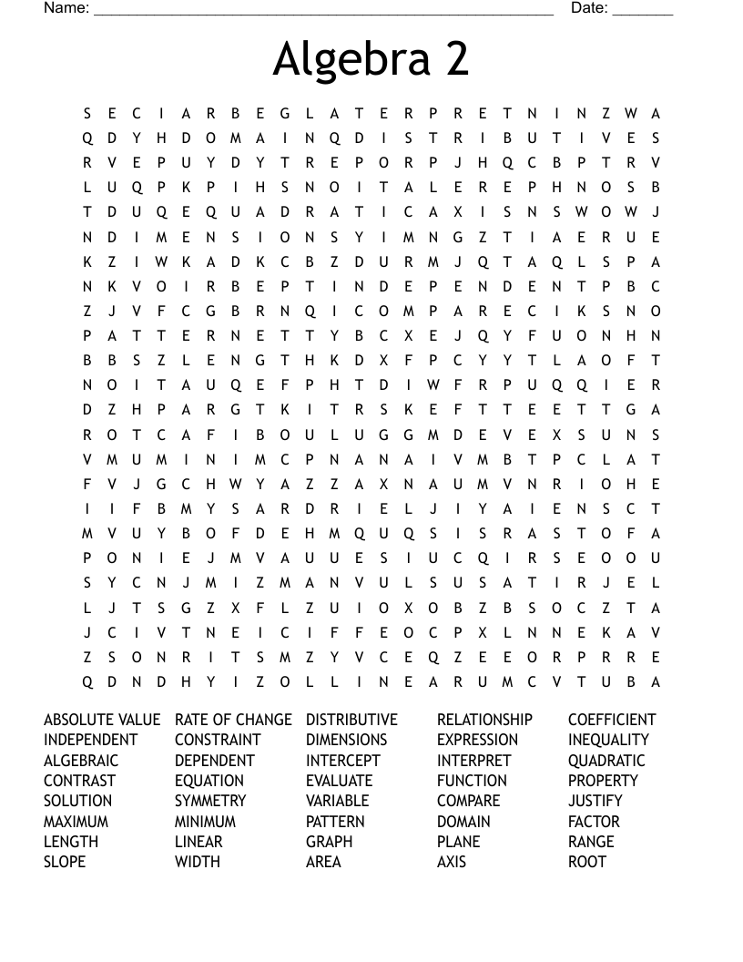 Algebra 2 Word Search
