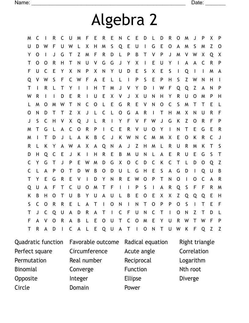 Algebra 2 Word Search