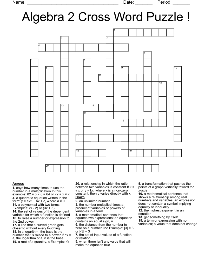 Algebra 2 Cross Word Puzzle !