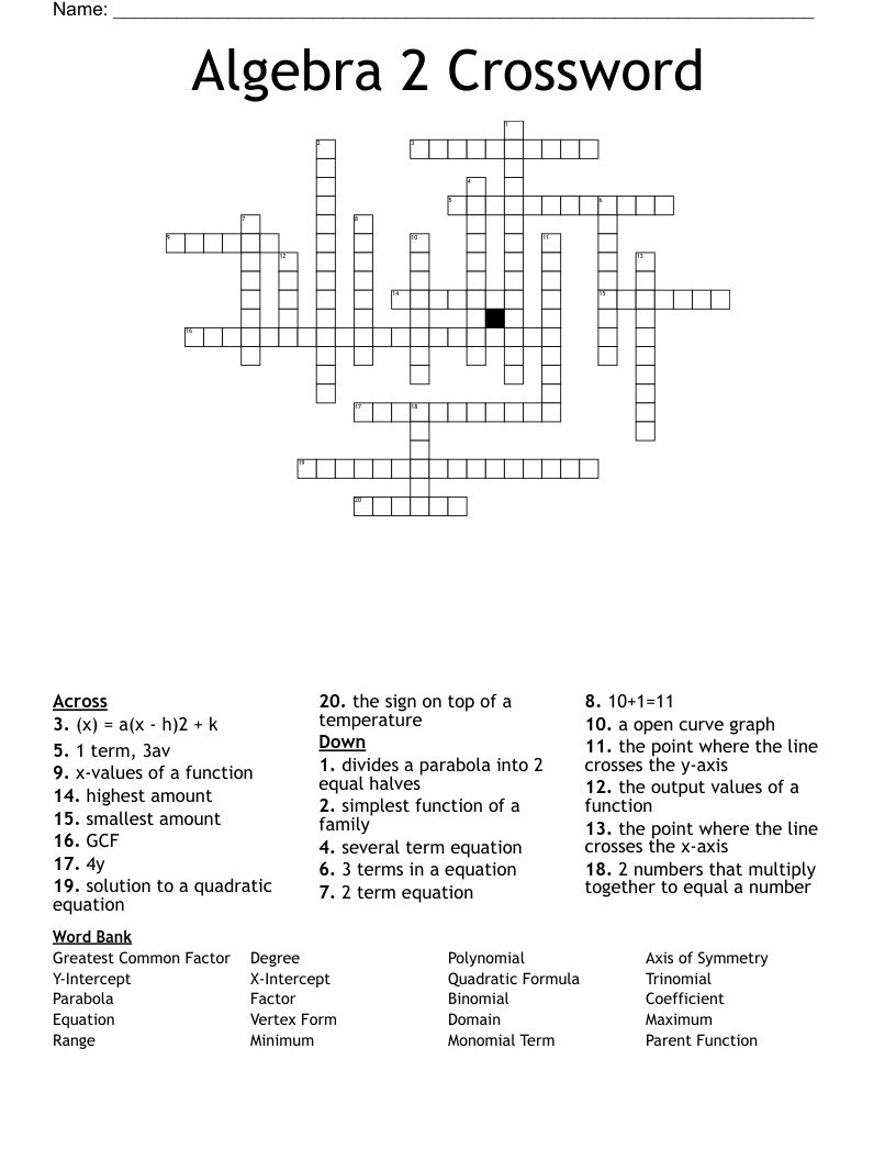 Algebra 2 Crossword