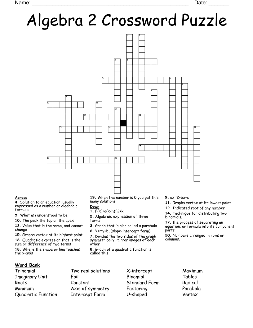 Algebra 2 Crossword Puzzle