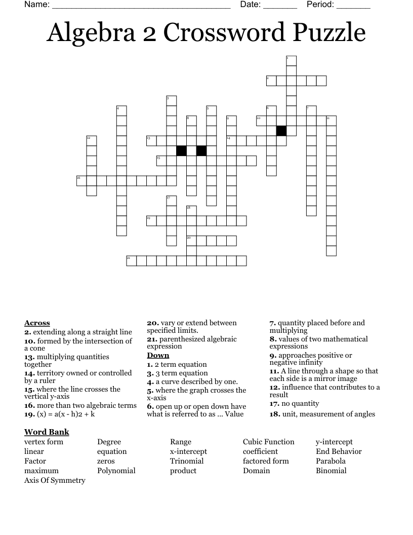 Algebra 2 Crossword Puzzle