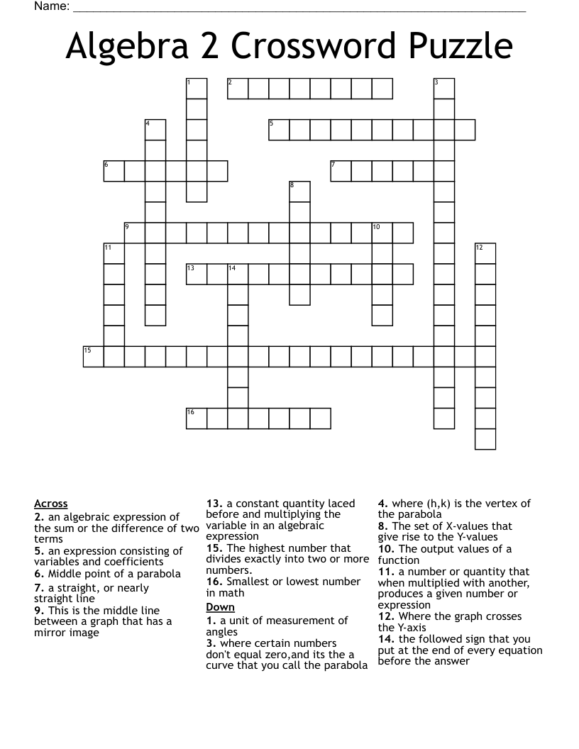 Algebra 2 Crossword Puzzle