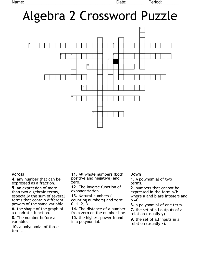 Algebra 2 Crossword Puzzle 