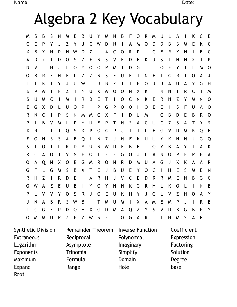 Algebra 2 Key Vocabulary Word Search