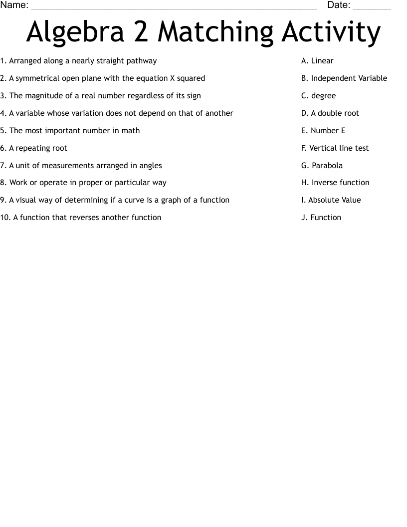 Algebra 2 Matching Activity Worksheet
