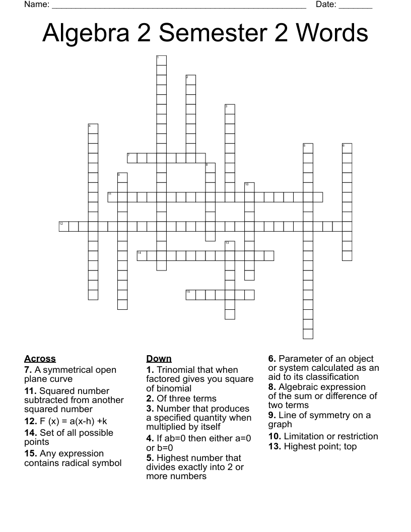 Algebra 2 Semester 2 Words Crossword