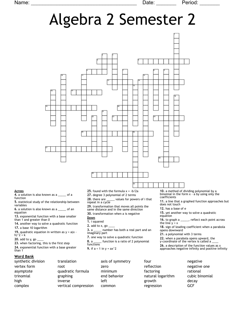 Algebra 2 Semester 2  Crossword