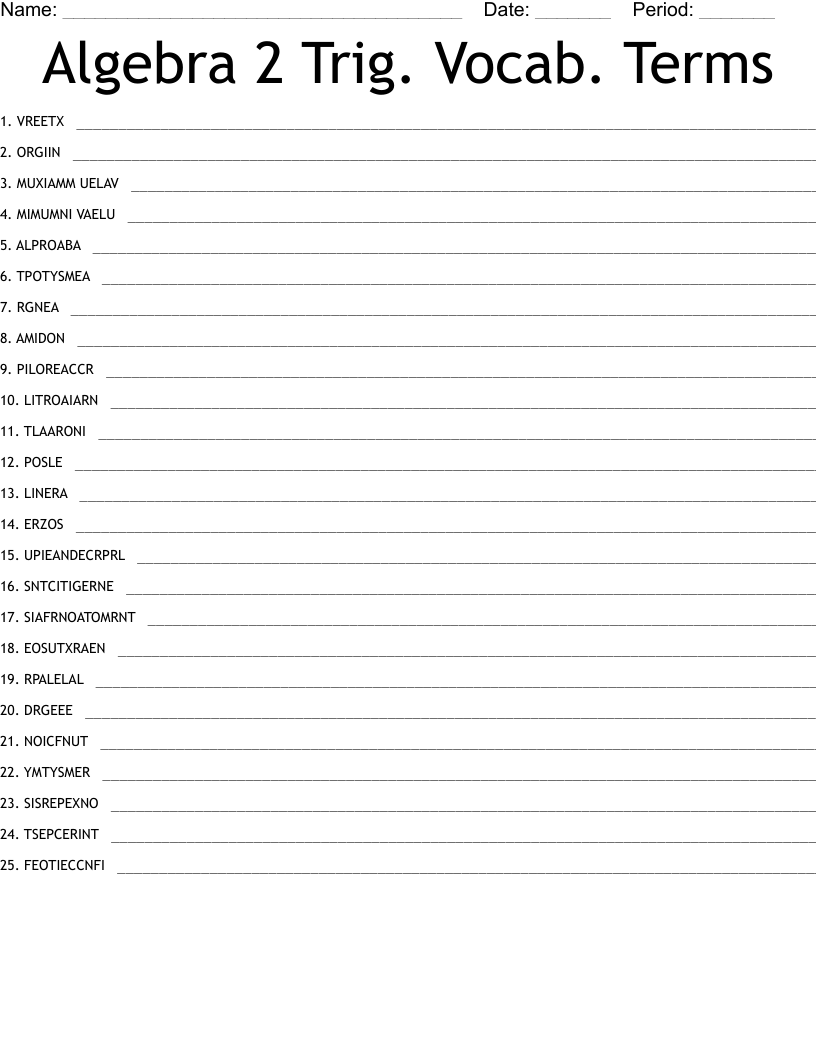 Algebra 2 Trig. Vocab. Terms Word Scramble