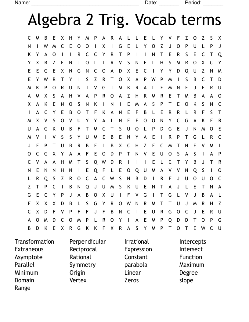 Algebra 2 Trig. Vocab terms Word Search