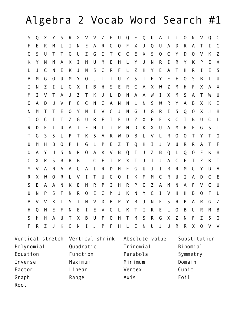 Algebra 2 Vocab Word Search #1