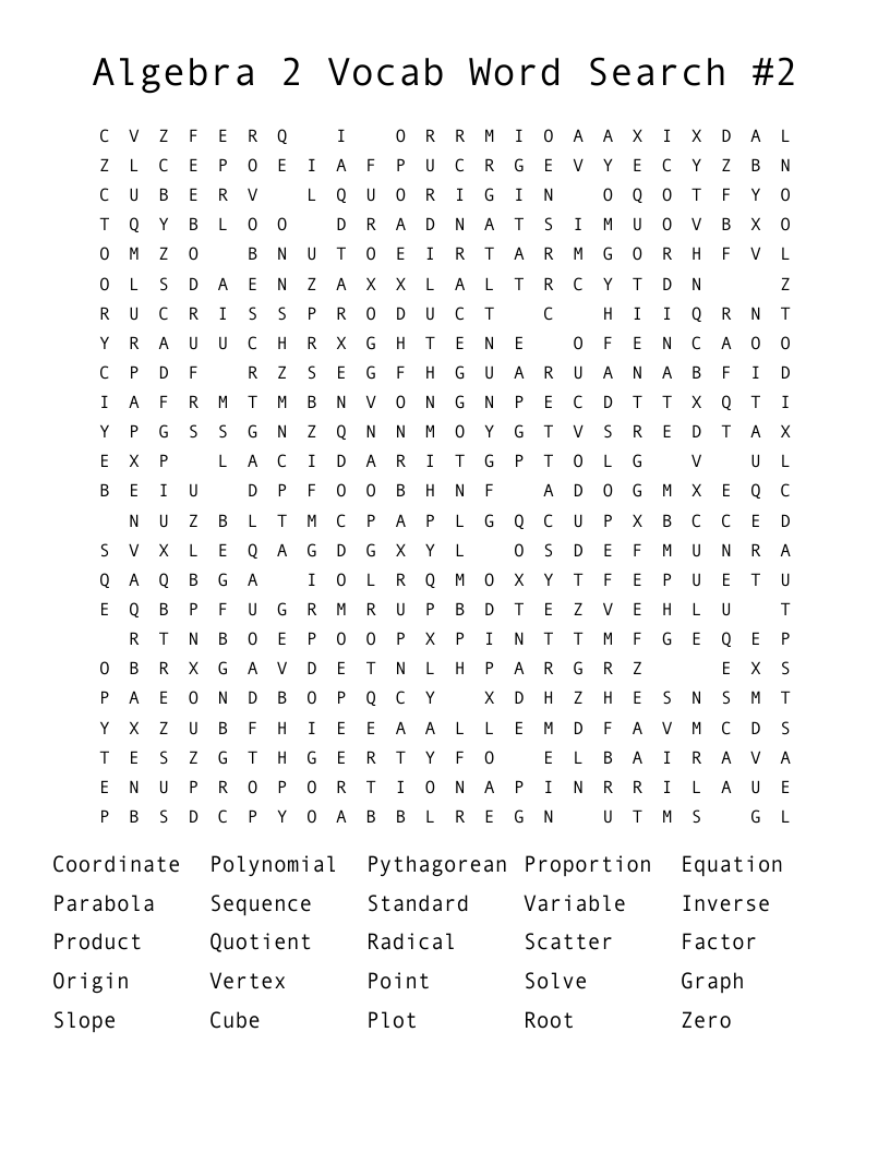 Algebra 2 Vocab Word Search #2