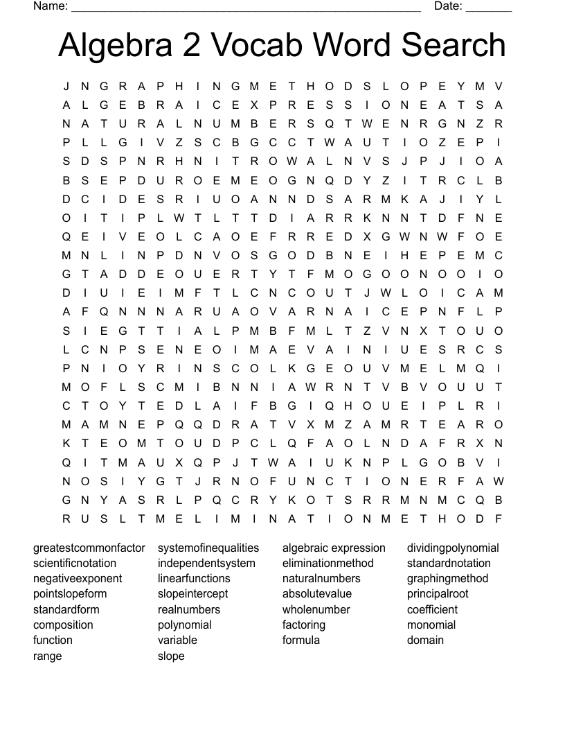 Algebra 2 Vocab Word Search