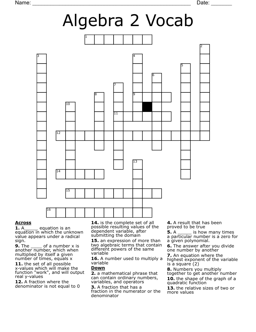 Algebra 2 Vocab  Crossword