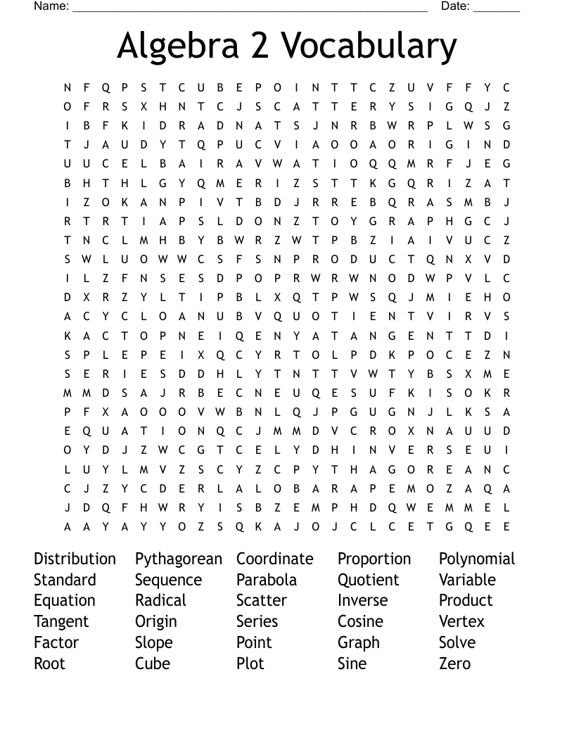 Algebra 2 Vocabulary Word Search