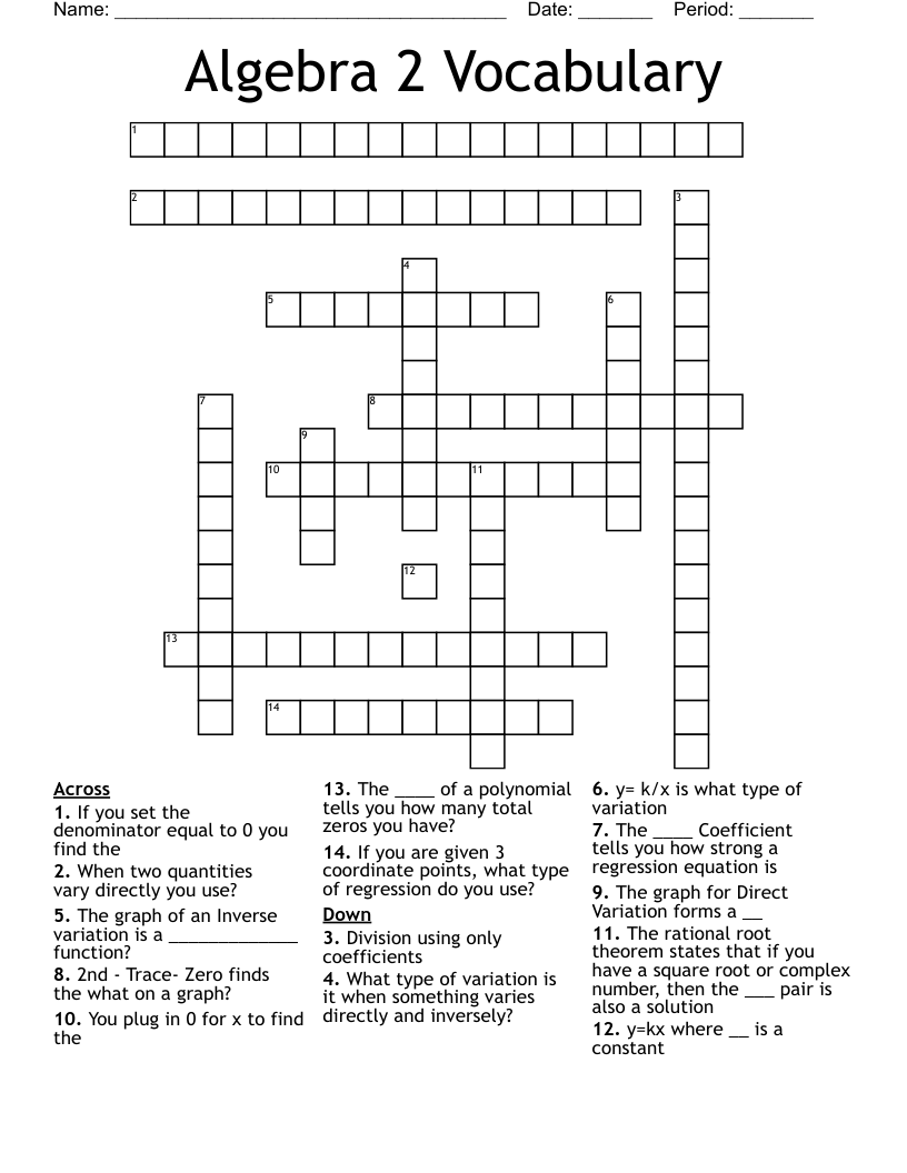 Algebra 2 Vocabulary Crossword