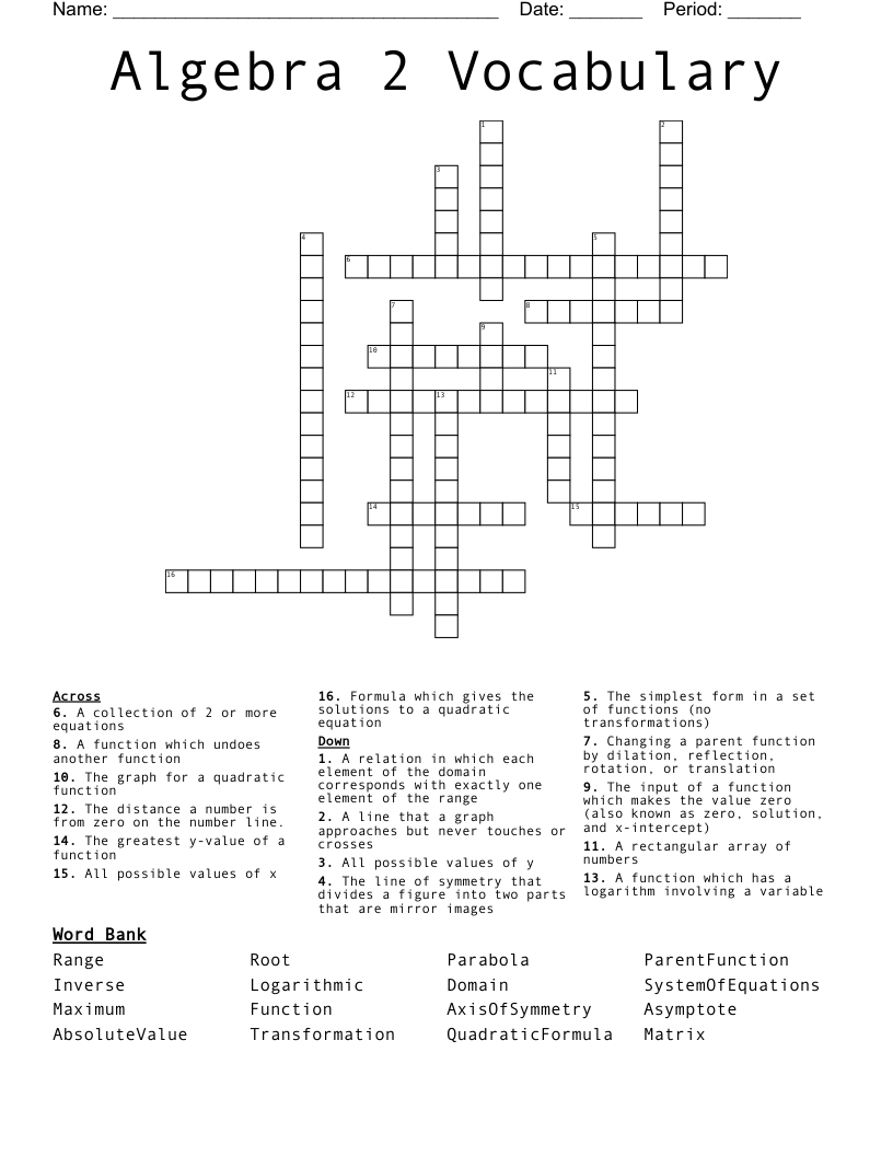 Algebra 2 Vocabulary Crossword