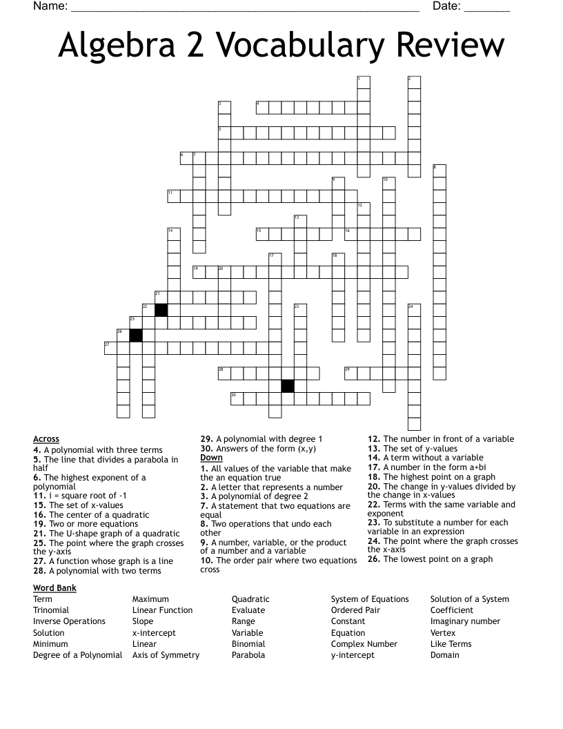 Algebra 2 Vocabulary Review Crossword