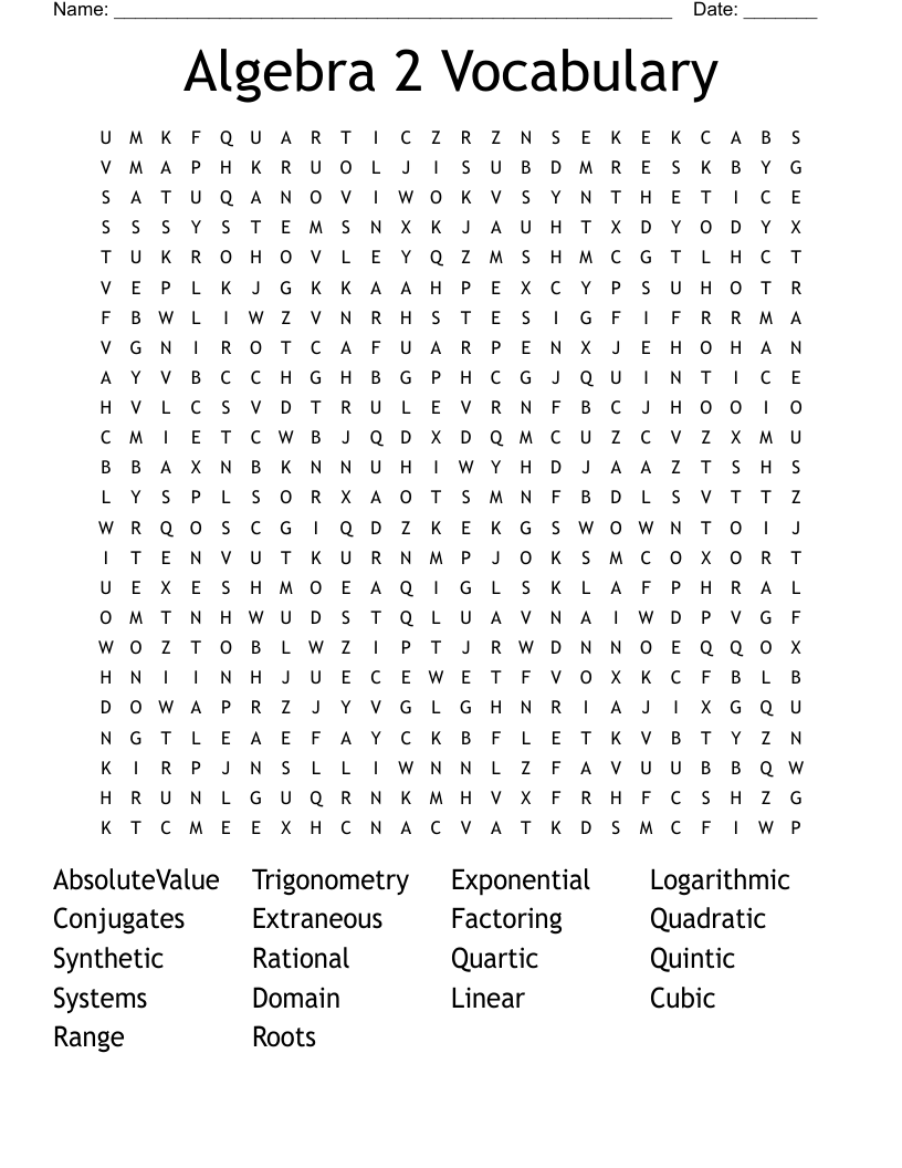 Algebra 2 Vocabulary  Word Search