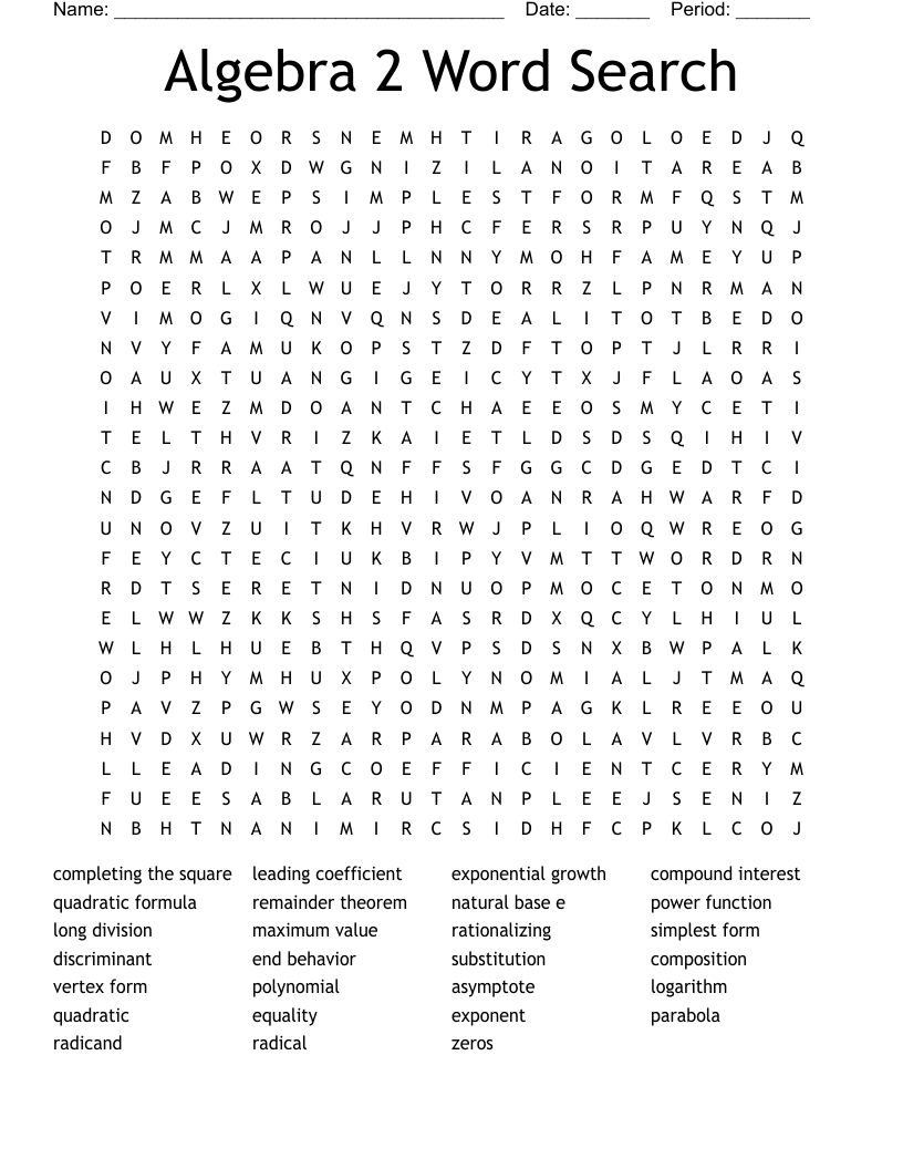 Algebra 2 Word Search