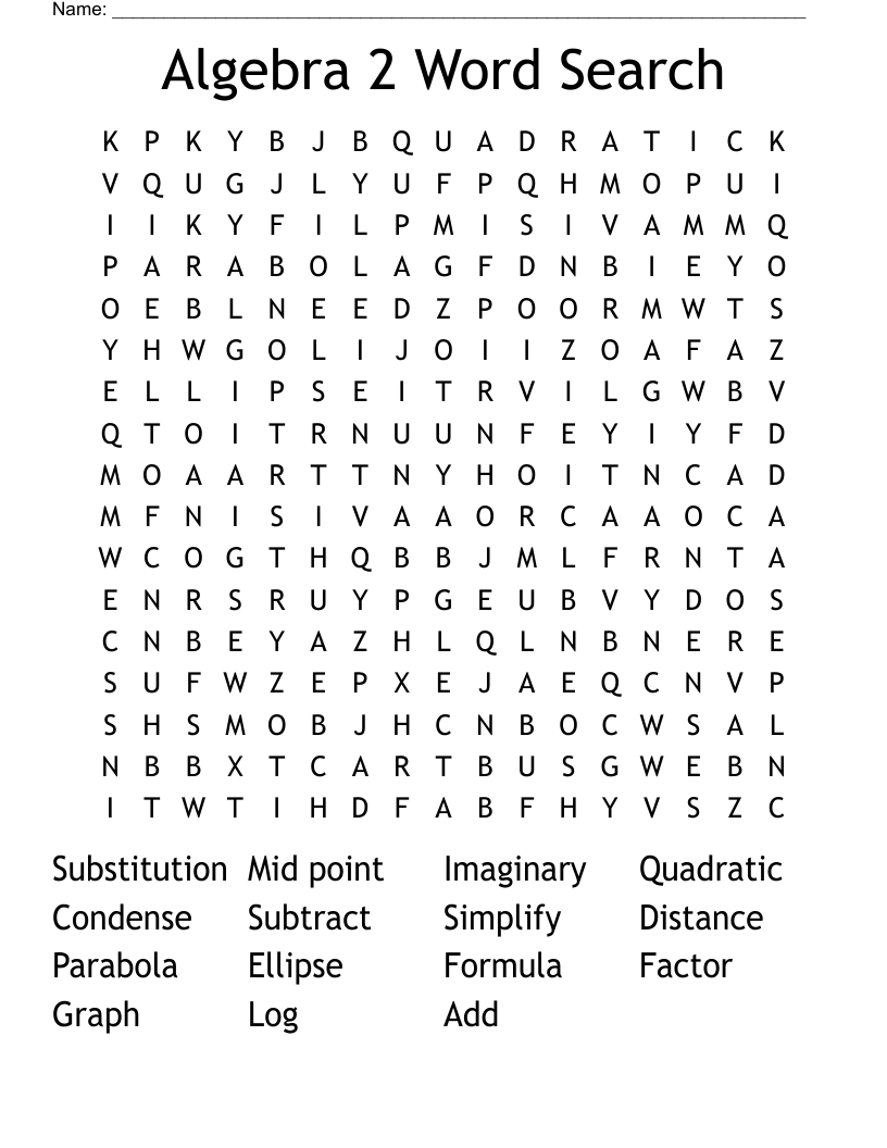 Algebra 2 Word Search 