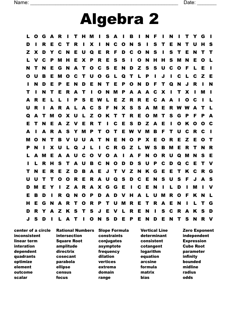 Algebra 2  Word Search