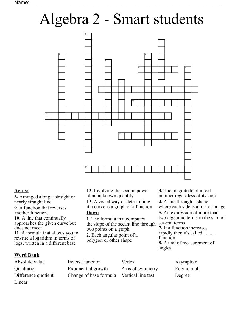 Algebra 2 - Smart students Crossword