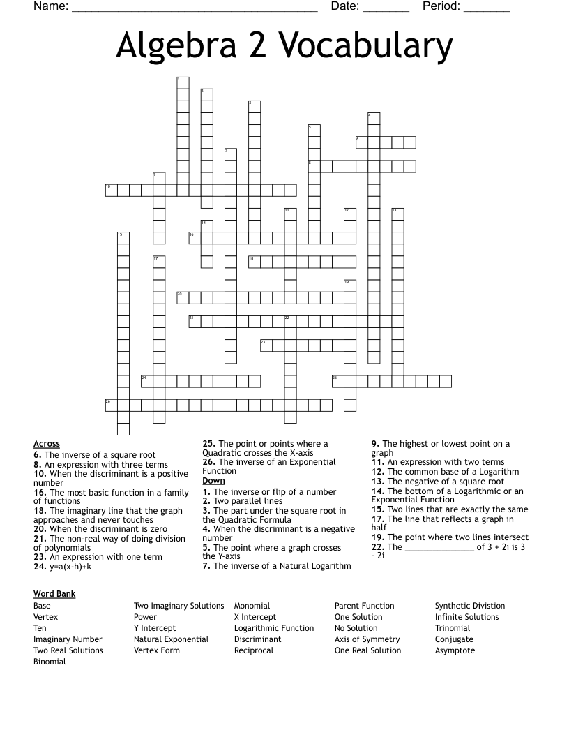 Algebra 2  Vocabulary Crossword