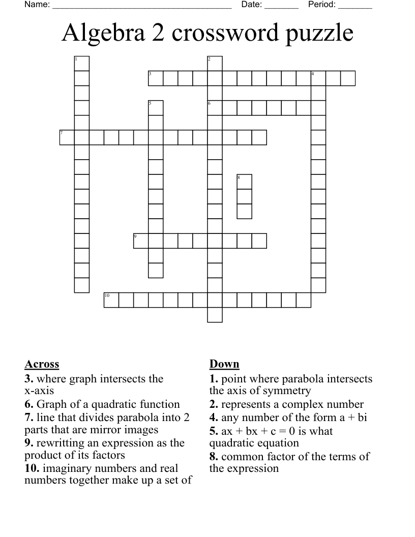 Algebra 2 crossword puzzle
