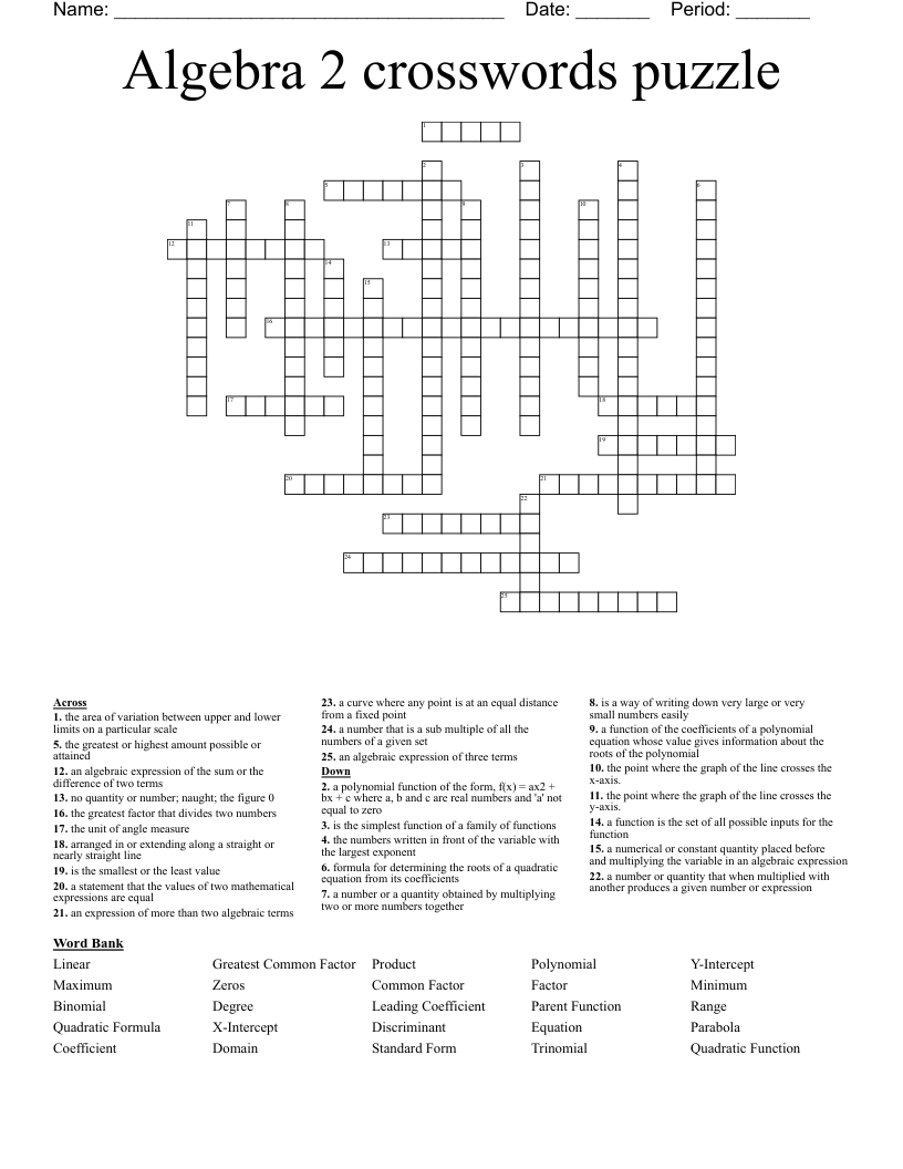 Algebra 2 crosswords puzzle