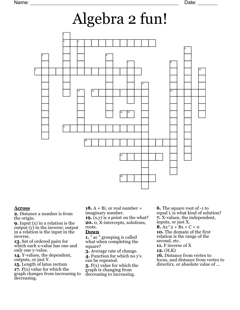 Algebra 2 fun! Crossword
