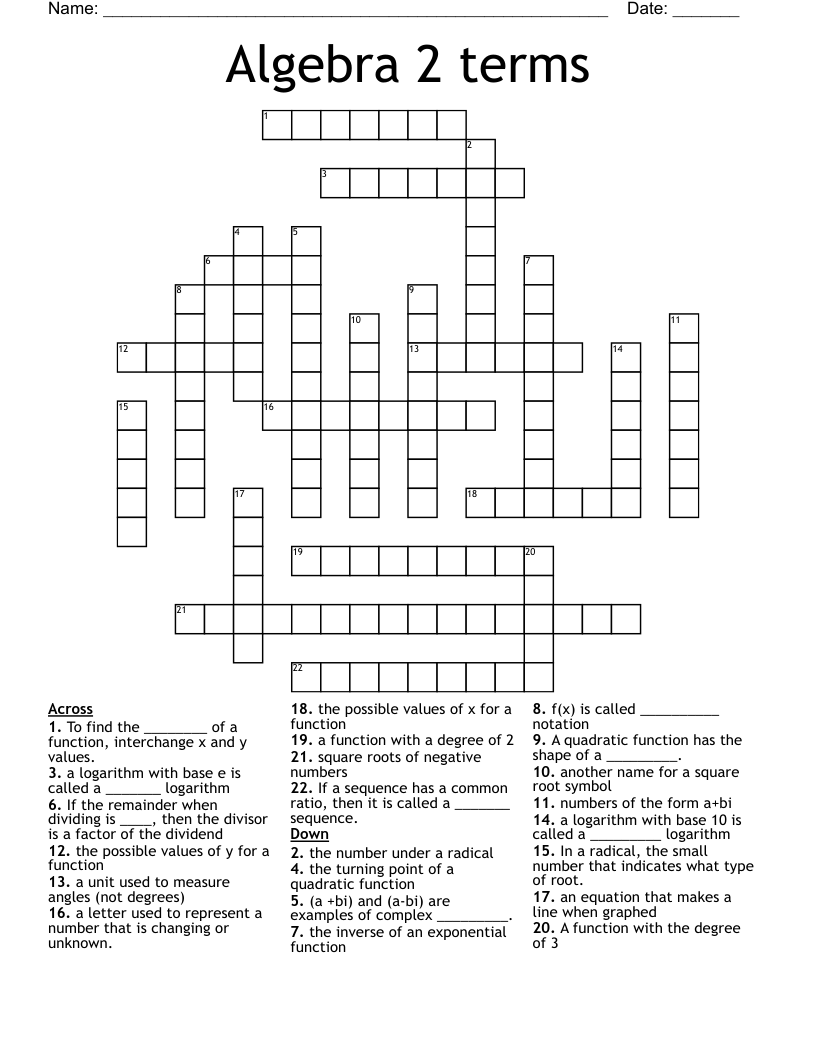 Algebra 2 terms Crossword