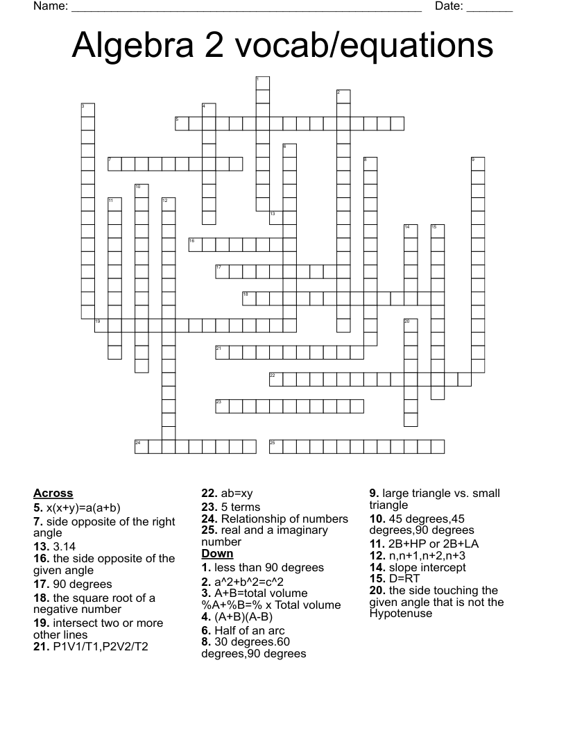 Algebra 2 vocab/equations Crossword