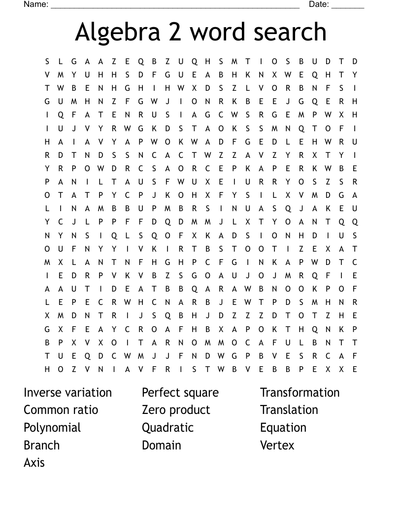 Algebra 2 word search 