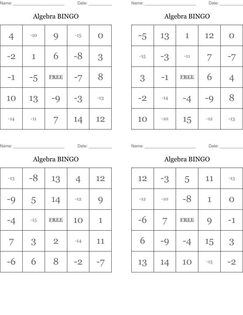 Algebra BINGO