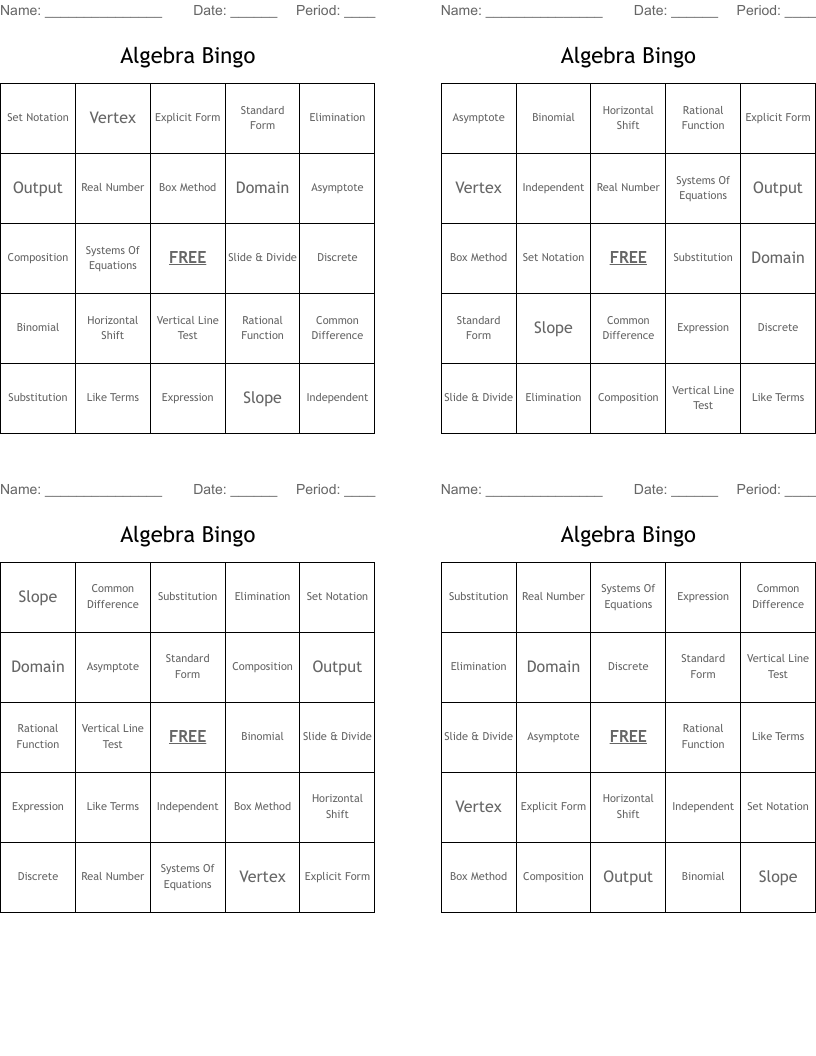 Algebra Bingo
