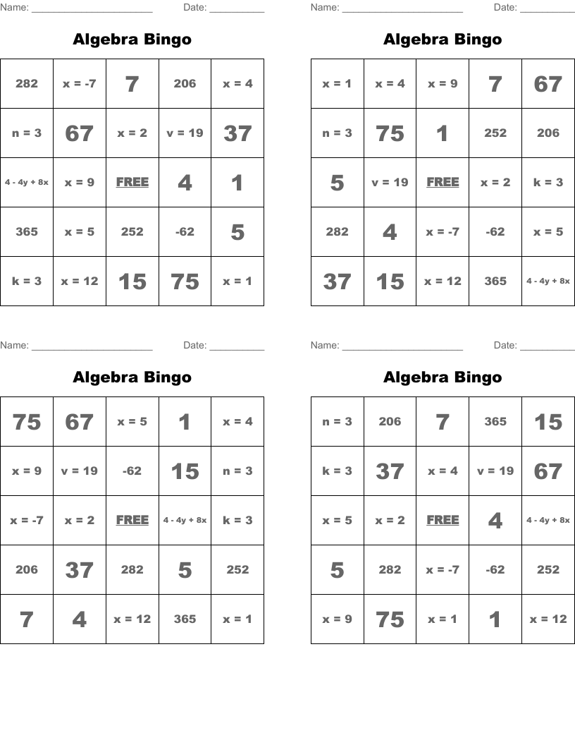 Algebra Bingo