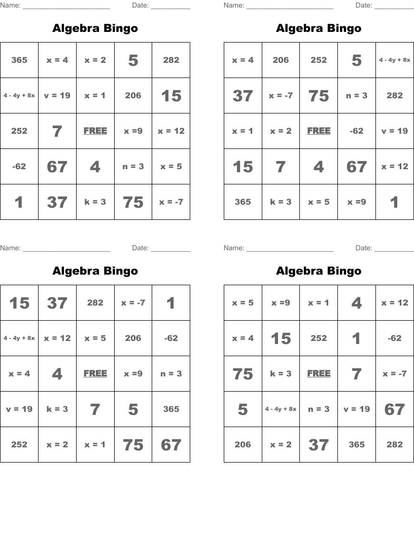 Algebra Bingo