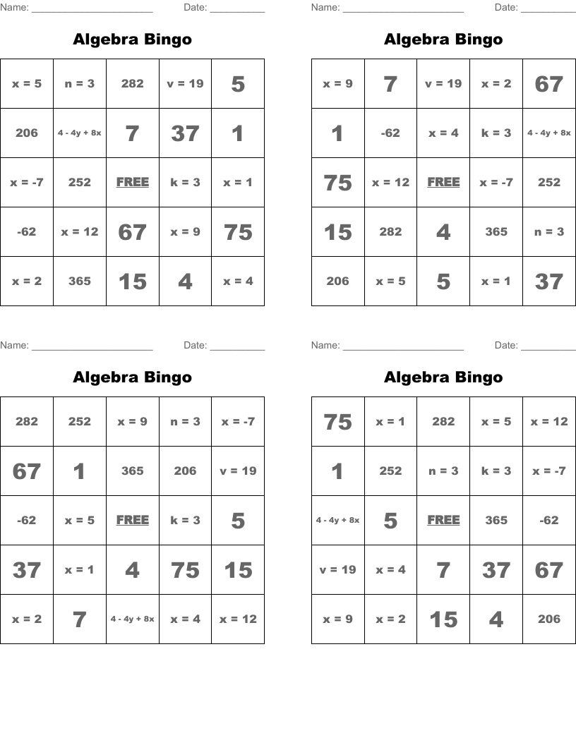 Algebra Bingo