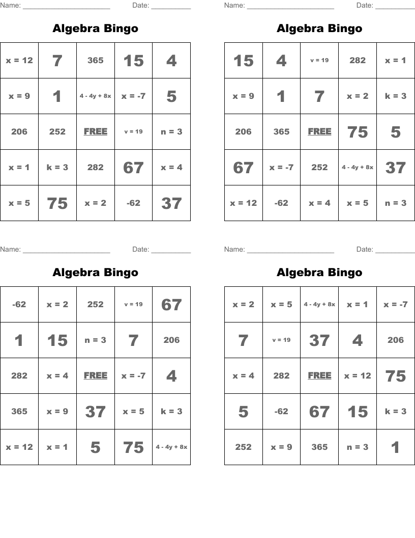 Algebra Bingo