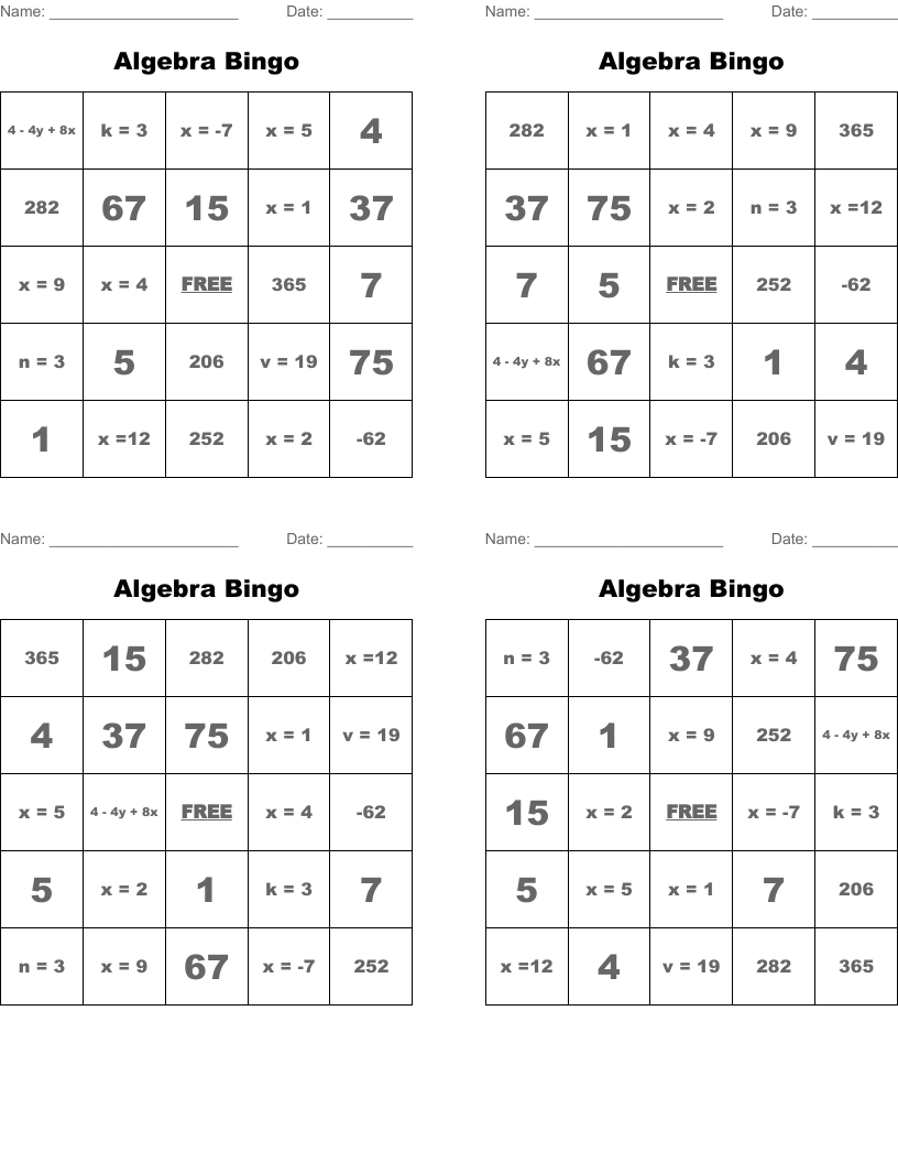 Algebra Bingo