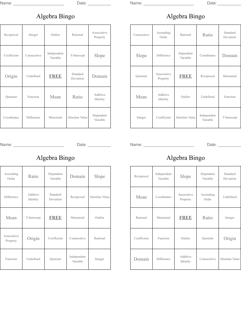 Algebra Bingo