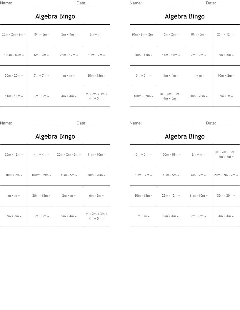 Algebra Bingo