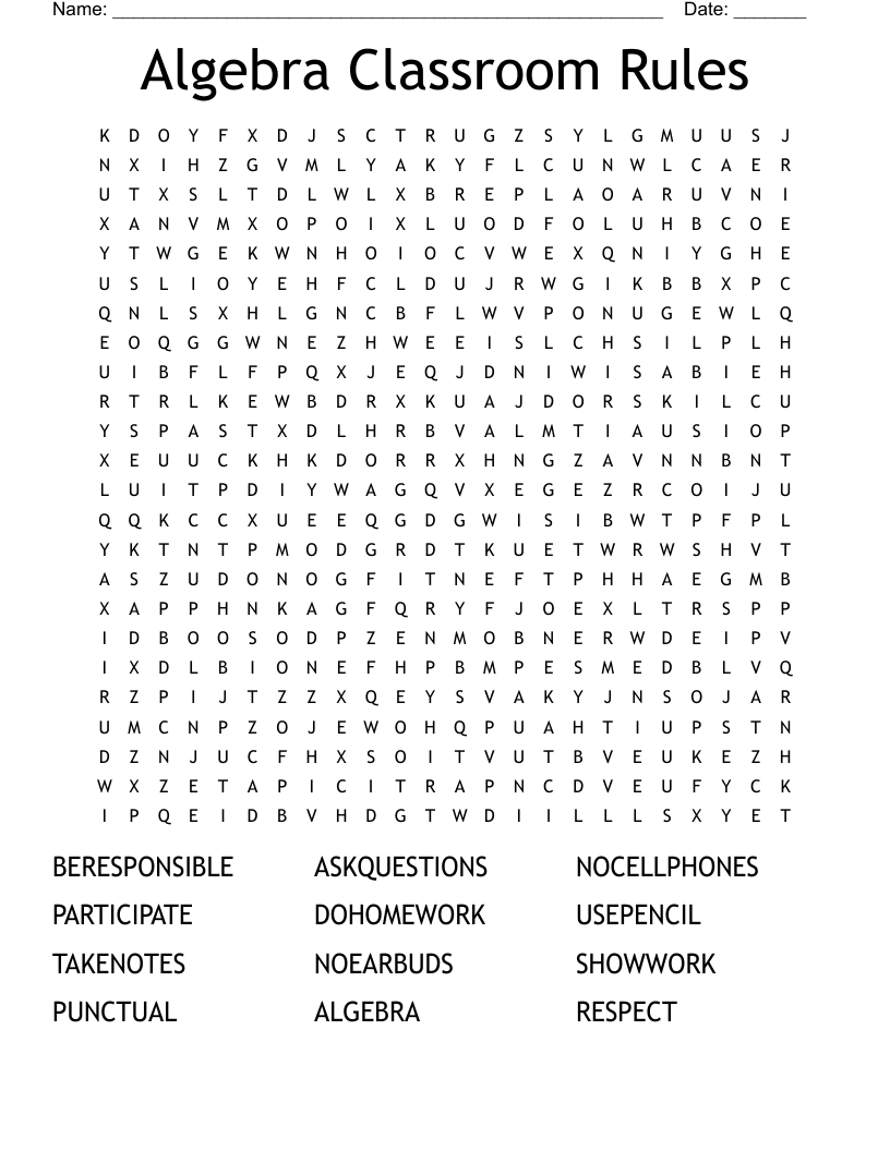 Algebra Classroom Rules Word Search