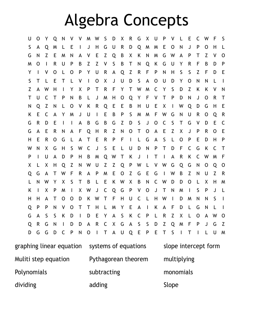 Algebra Concepts Word Search