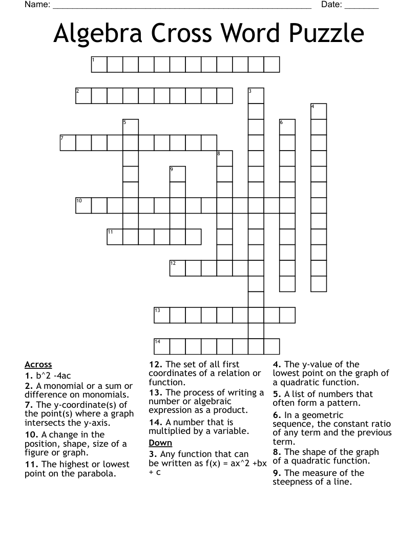 Algebra Cross Word Puzzle