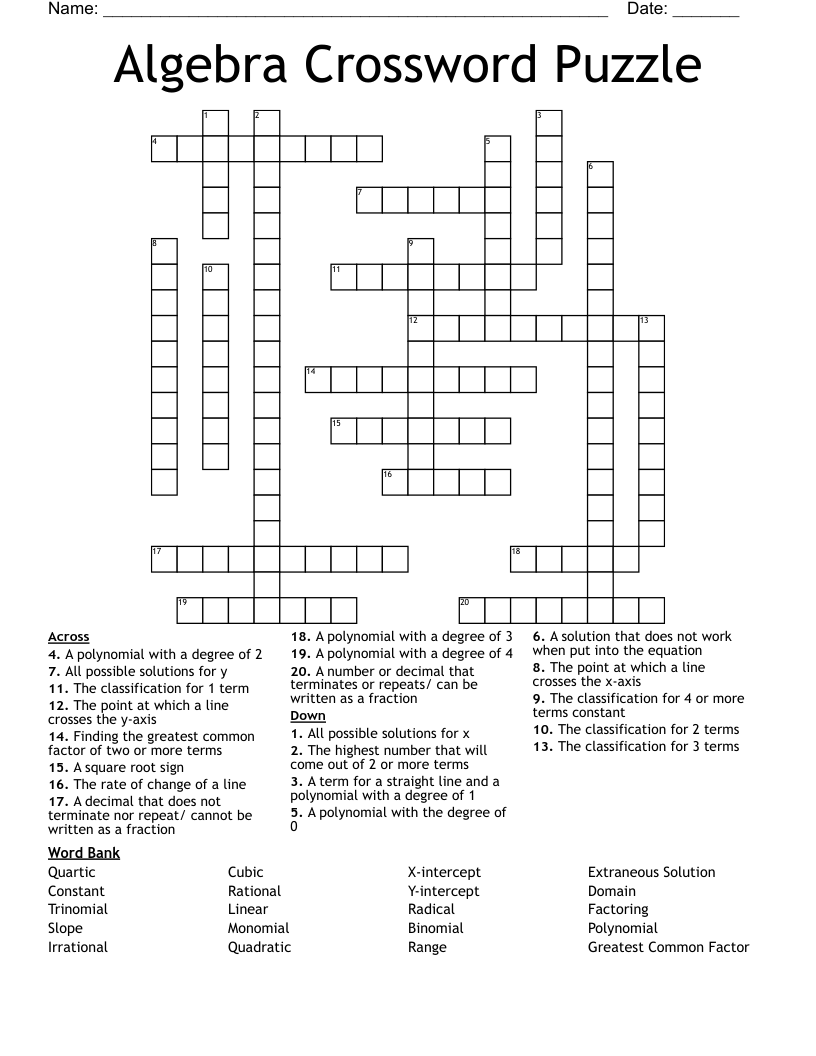 Algebra Crossword Puzzle