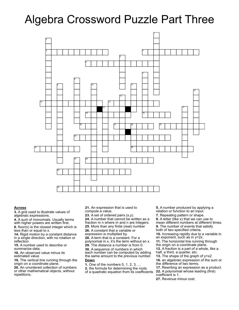 Algebra Crossword Puzzle Part Three